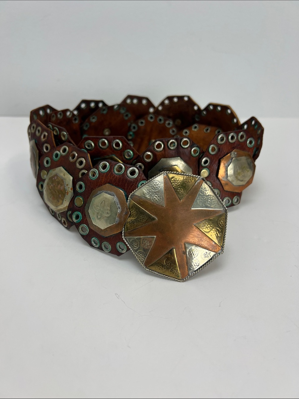 Vintage Moroccan Star Buckle Concho Belt Leather Metal Copper Handmade Boho